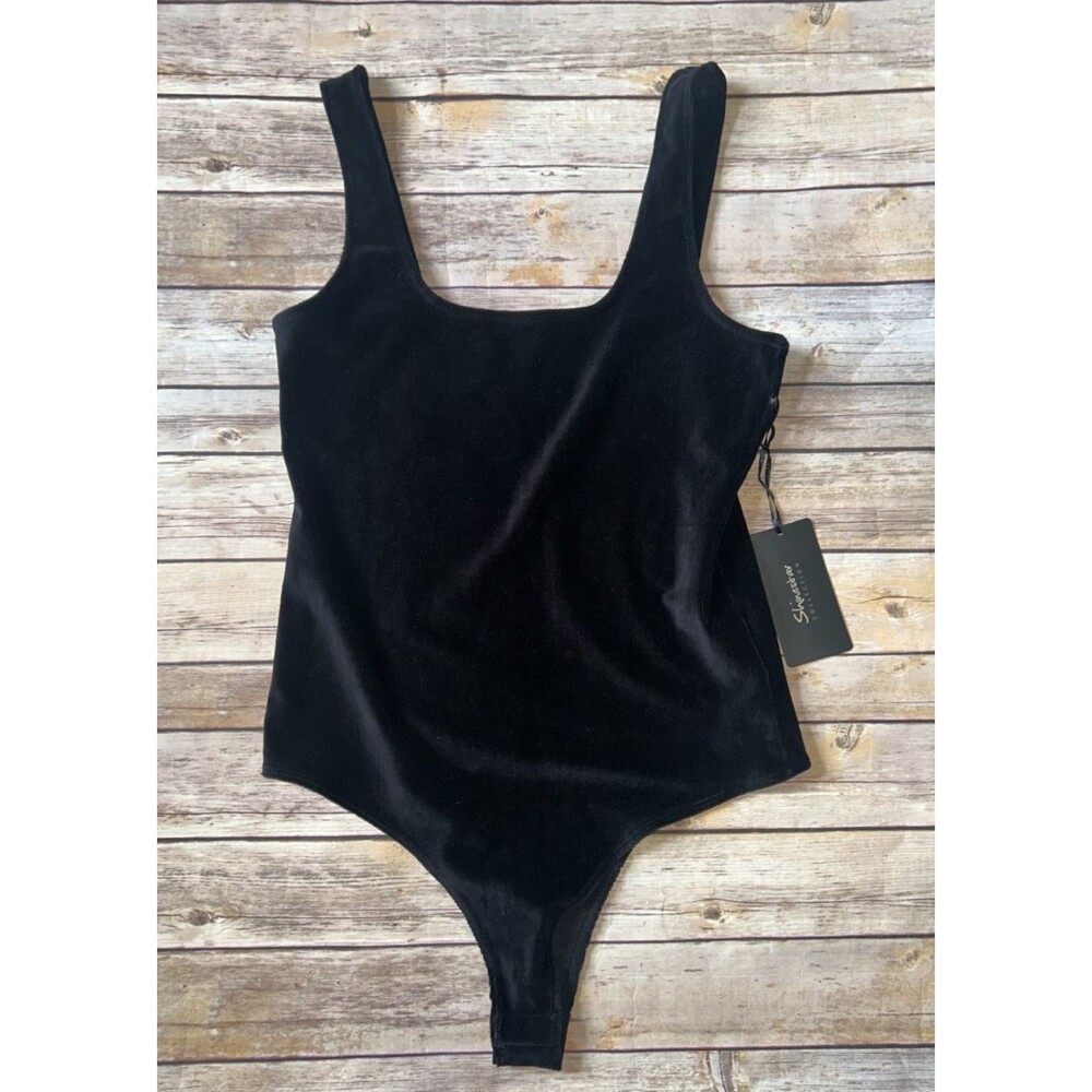 Women's Shinestar Black Sleeveless Velvet Bodysuit Size L
